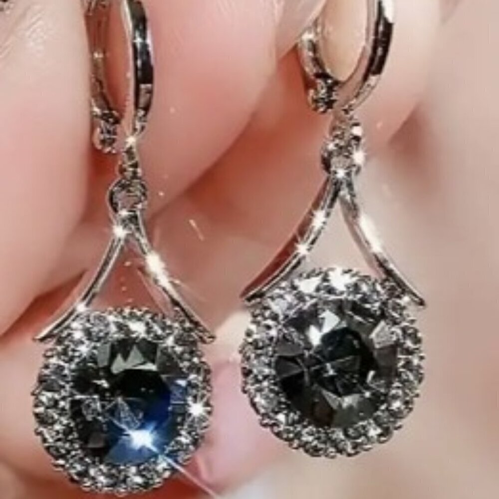 French-Style Round Silvery Black Zircon Dangle Ear-hugger Earrings